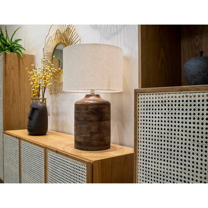 Skye Heritage Lamp by LH Imports in brown, off-white and brown. Made from wood, cotton in a unique style.