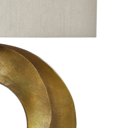 Iris Table Lamp by LH Imports in brass, off-white and antique brass. Made from aluminium, linen fabric in a unique style.