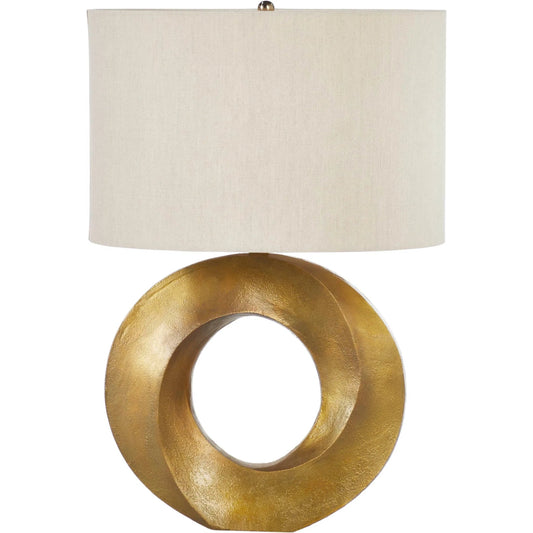 Iris Table Lamp by LH Imports in brass, off-white and antique brass. Made from aluminium, linen fabric in a unique style.