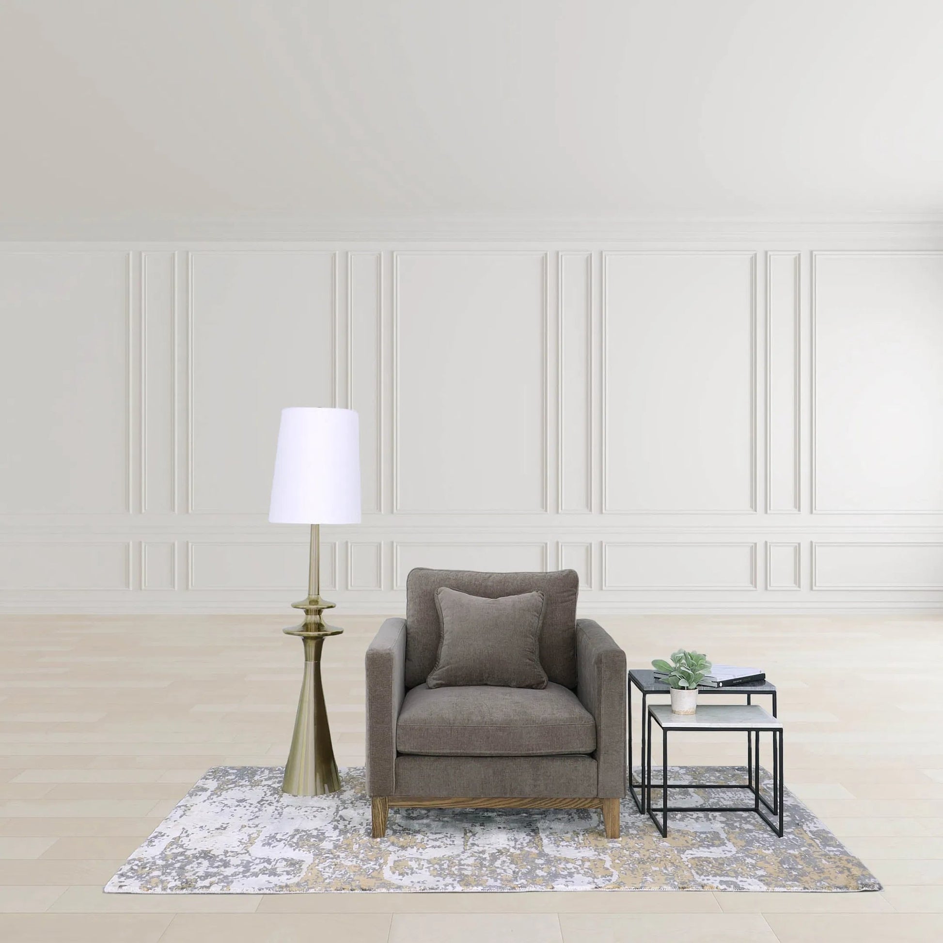 Symphony Floor Lamp by LH Imports in brass, off-white and antique brass. Made from aluminum, linen in a unique style.