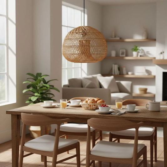 Dome Chandelier by LH Imports in brown and natural, black. Made from rattan, iron in a rustic style.