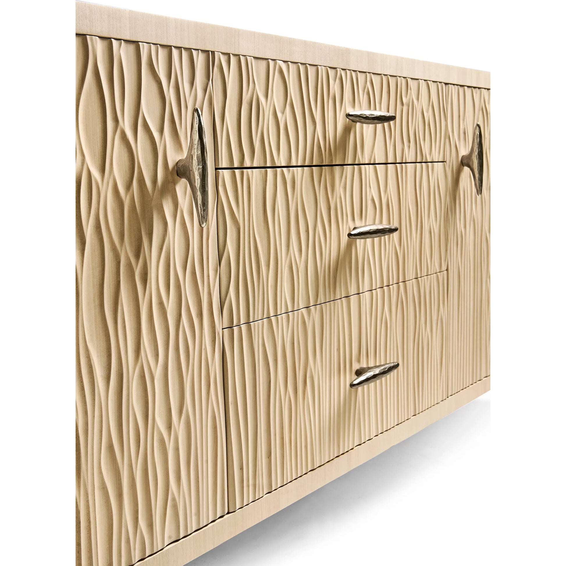 Water Breaker Mixed Media Credenza by Jonathan Charles in beige and ash blonde. Made from dyed koto veneer, bone, leather, metal in a transitional style.