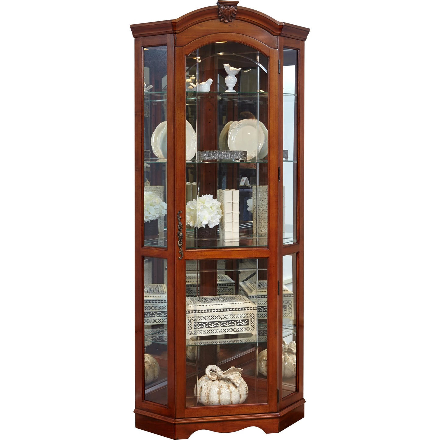 001 SI-2155497 | Primary Silo | Medallion Cherry Corner Curio by Pulaski Furniture in cherry brown. Made from select hardwoods in a traditional style.