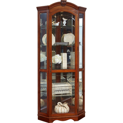Medallion Cherry Corner Curio by Pulaski Furniture in cherry brown. Made from select hardwoods in a traditional style.