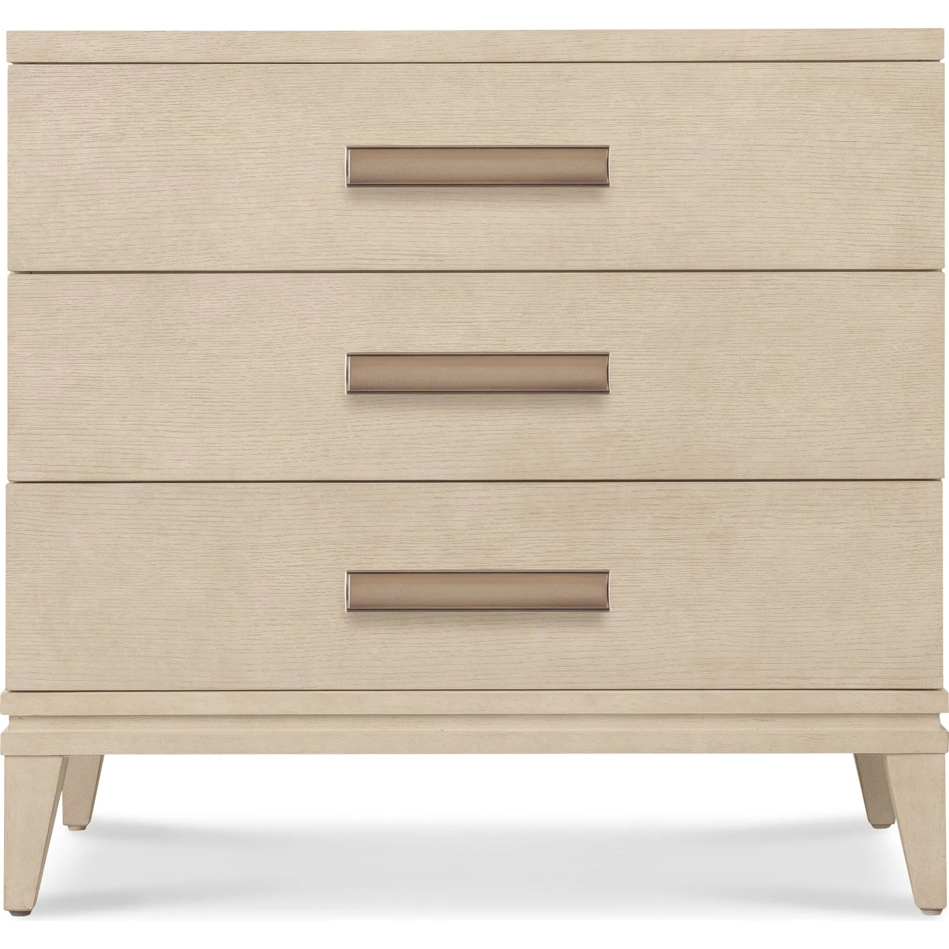 Westwood Three-Drawer Nightstand by Hooker Furniture in light wood and polished limestone. Made from oak veneers in a transitional style.