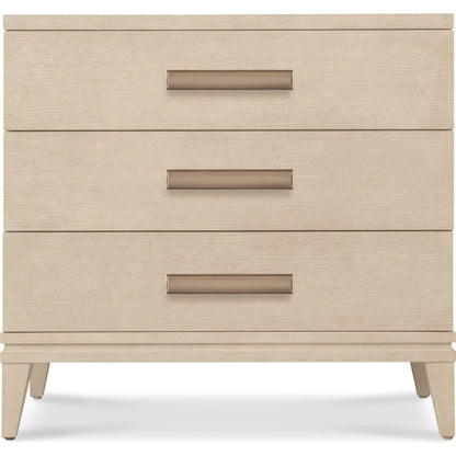Westwood Three-Drawer Nightstand by Hooker Furniture in light wood and polished limestone. Made from oak veneers in a transitional style.