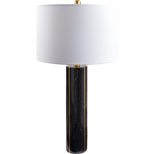 Solstice Accent Table Lamp by Surya in body: black, gold, shade: white, finial: metallic - gold, harp: metallic - brass, cord: translucent and plated, brushed. Made from body: marble, metal, shade (outside): linen, shade 