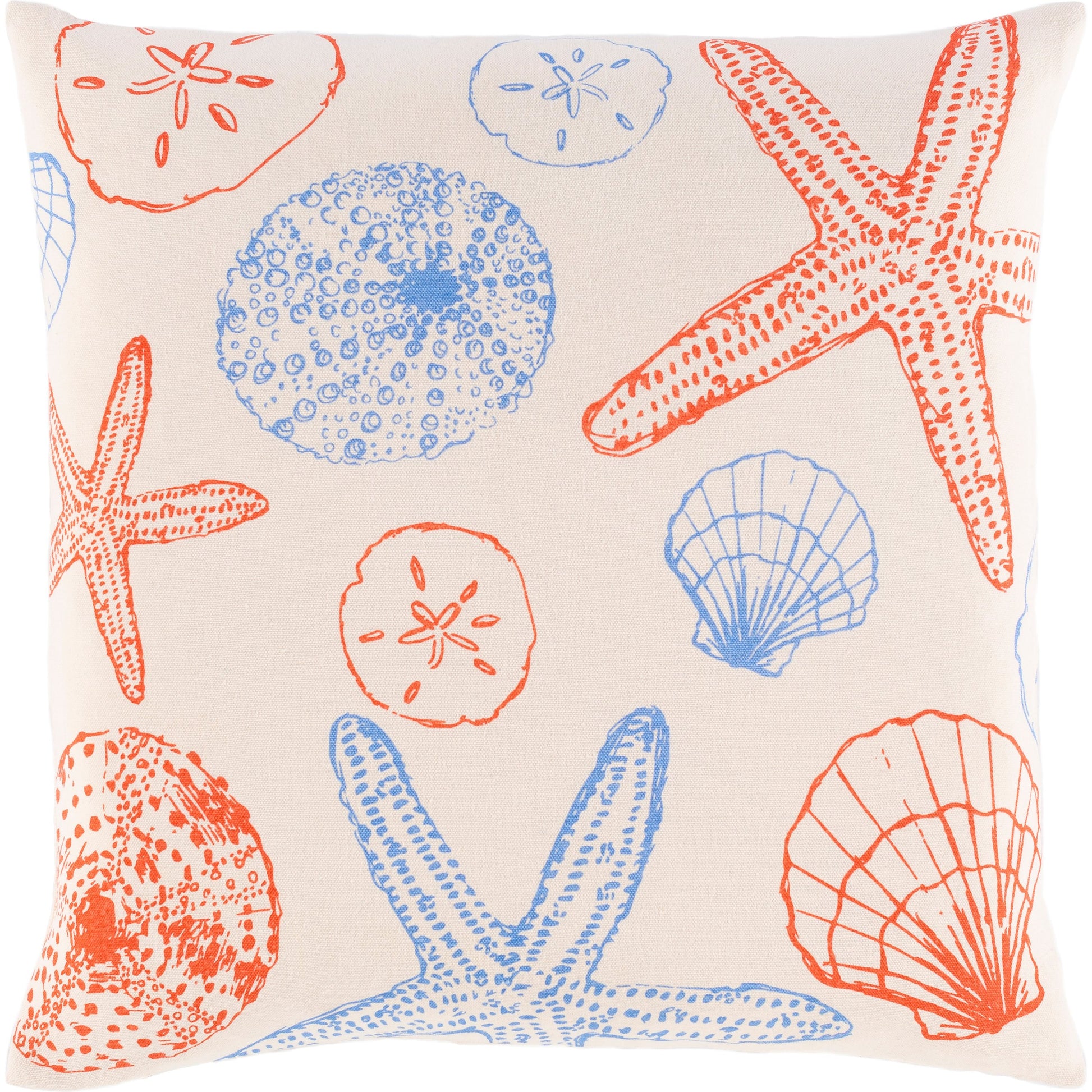 Sea Life Indoor/Outdoor Pillow by Surya in cream, coral, sky blue. Made from 100% cotton in a coastal style.