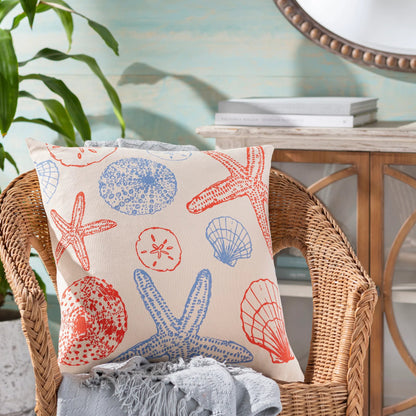 Sea Life Pillow - 19624 by Surya in cream, coral, sky blue. Made from 100% cotton in a coastal style.