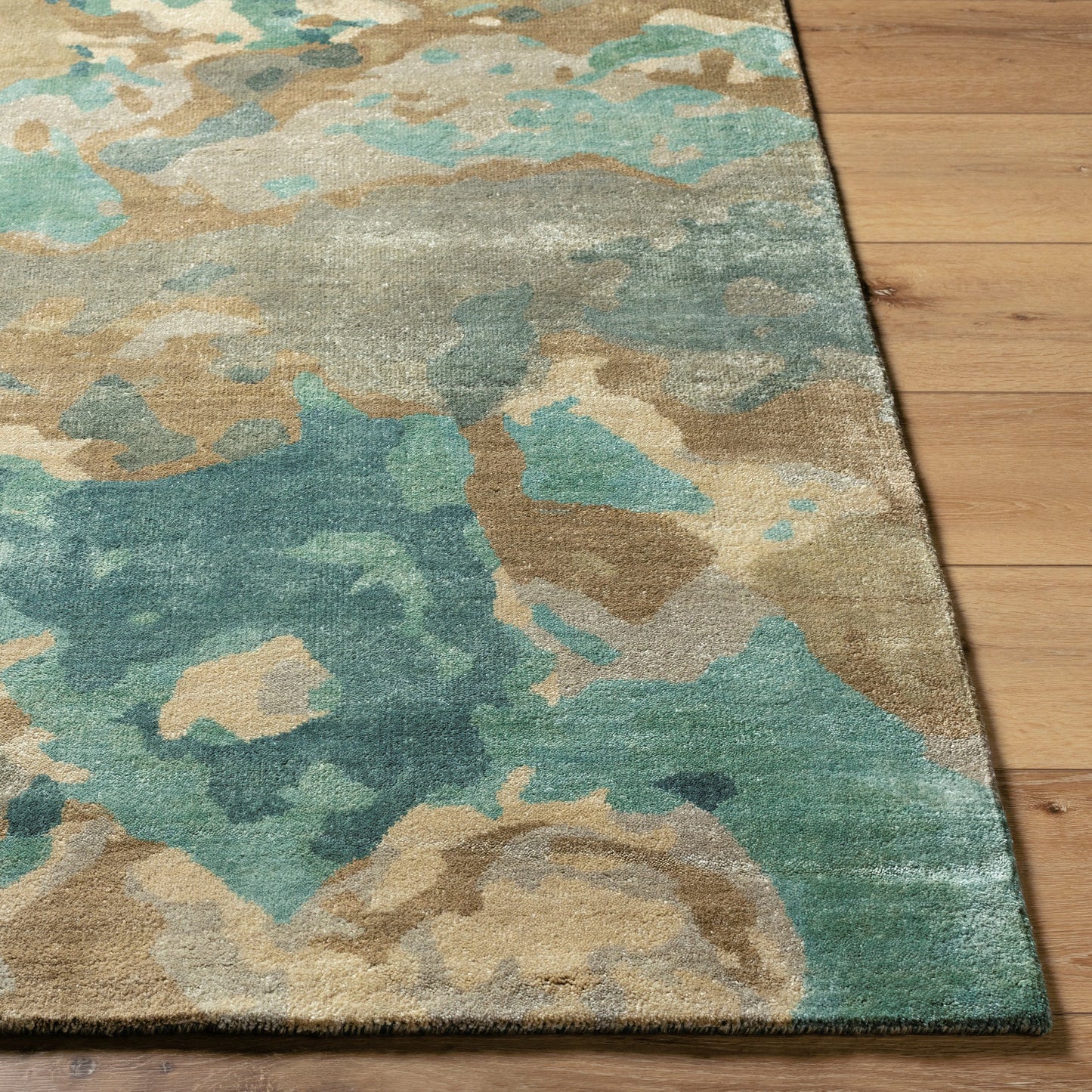 006 55818-20385,55818-20386,55818-20387,55818-20388 | Closeup | Slice of Nature SLI-6406 Rug by Surya in pale blue, wheat, ivory, medium green. Made from 90% wool, 10% viscose in a unique style.