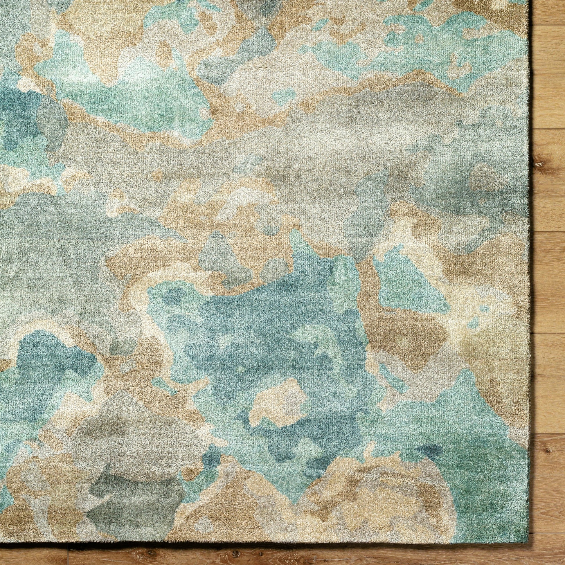 Slice of Nature SLI-6406 Rug by Surya in pale blue, wheat, ivory, medium green. Made from 90% wool, 10% viscose in a unique style.