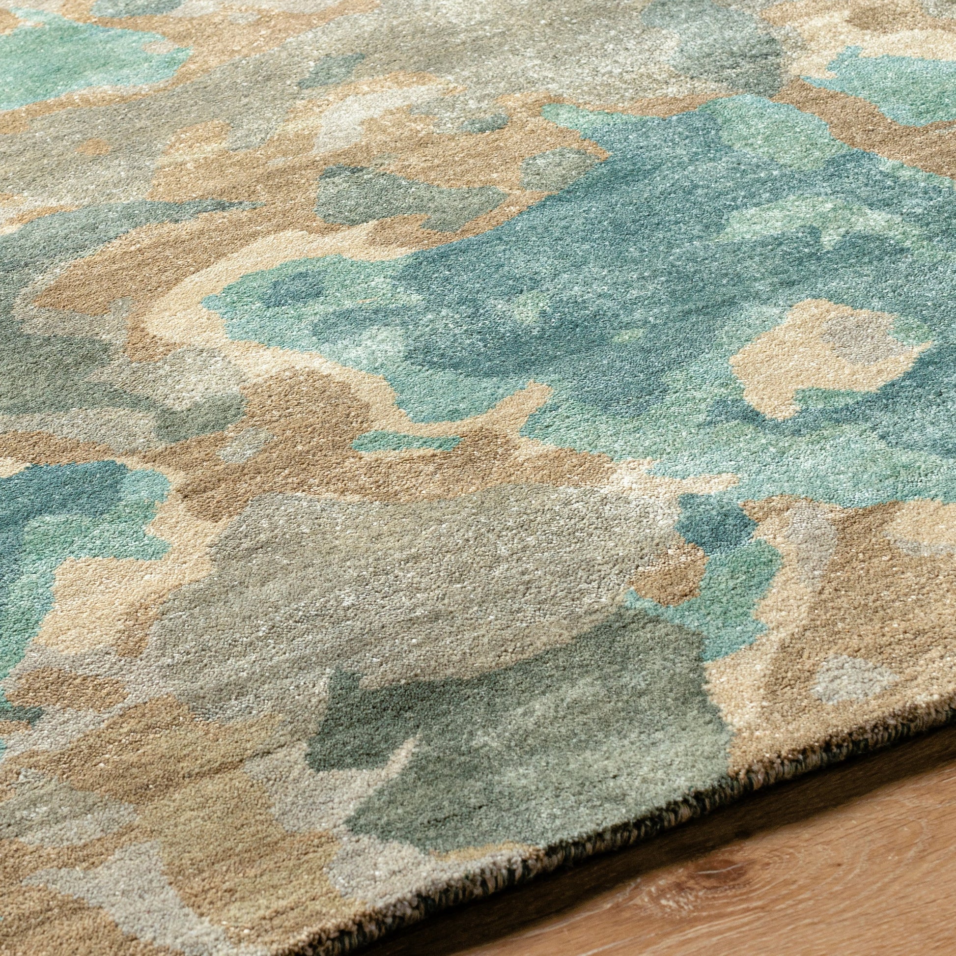 Slice of Nature SLI-6406 Rug by Surya in pale blue, wheat, ivory, medium green. Made from 90% wool, 10% viscose in a unique style.