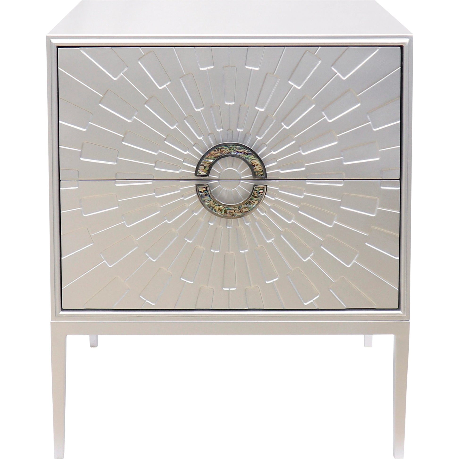 Luna Nightstand by Pasargad Home in silver. Made from wood, metal in a modern style.