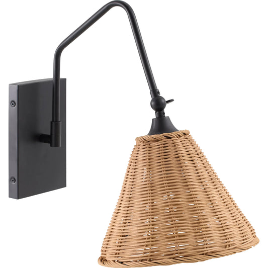 Semilla Wall Sconce by Livabliss in fixture: black; shade: brown; cord: white and metallic, painted. Made from iron, rattan in a unique style.