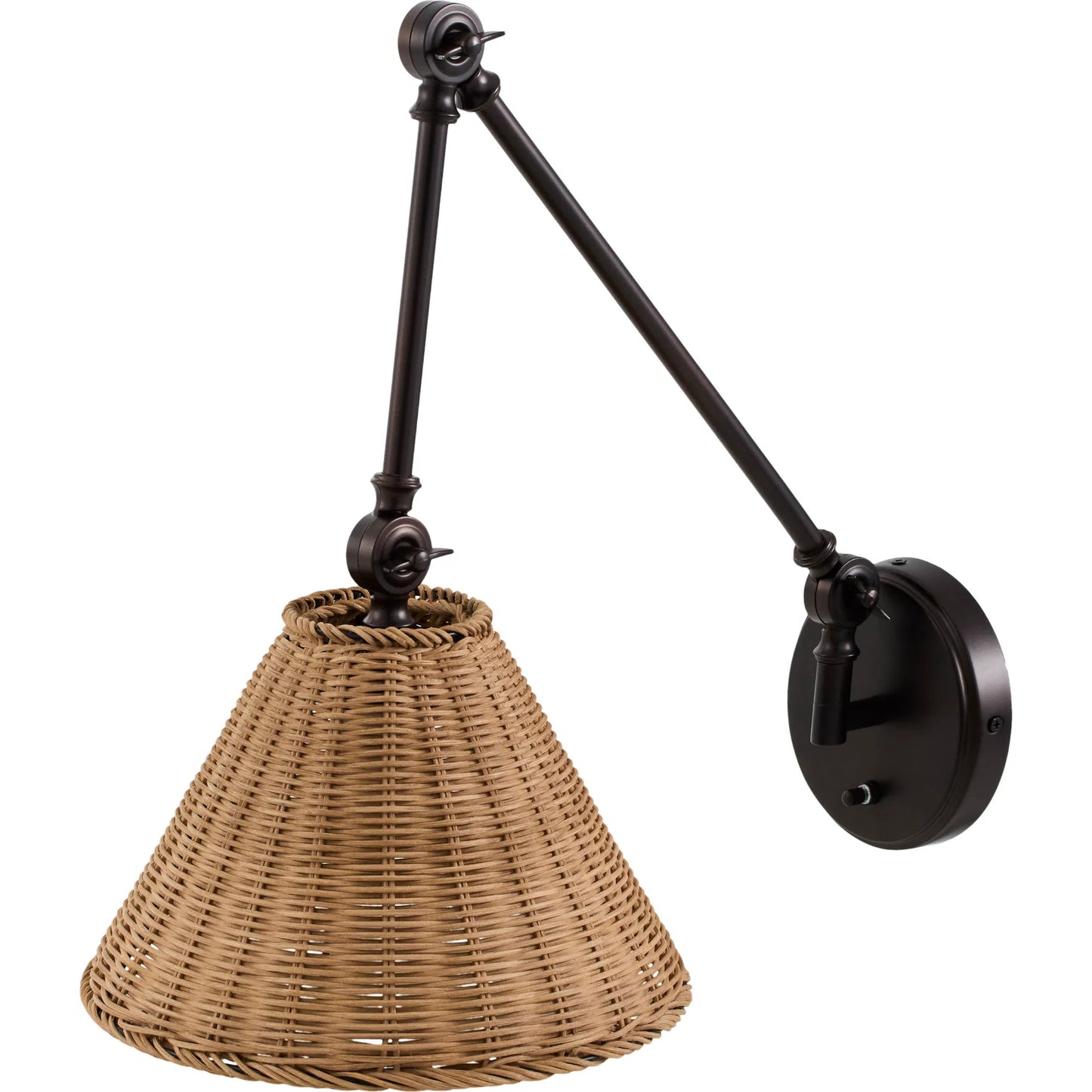 001 SI-2245759 | Primary Silo | Semilla Wall Sconce Swing Arm by Livabliss in fixture: black; shade: brown; cord: white and paintedpaintedmetallic. Made from iron, rattan in a rustic style.