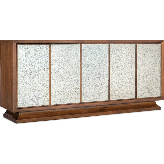 Melange Lloyds Leopard Entertainment Credenza by Hooker Furniture in walnut veneers, silver painted glass front doors. Made from unique in a unique style.