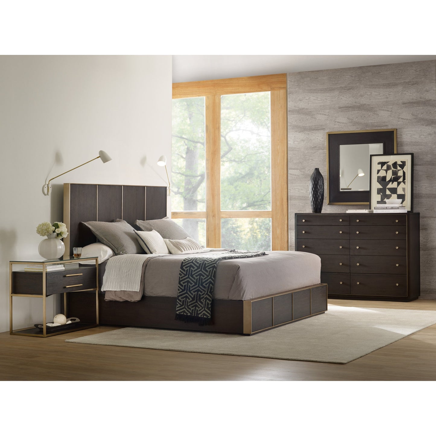 005 SI-1748788 | Lifestyle | Curata Nightstand by Hooker Furniture in midnight brown. Made from white oak veneers, metal, glass in a modern style.