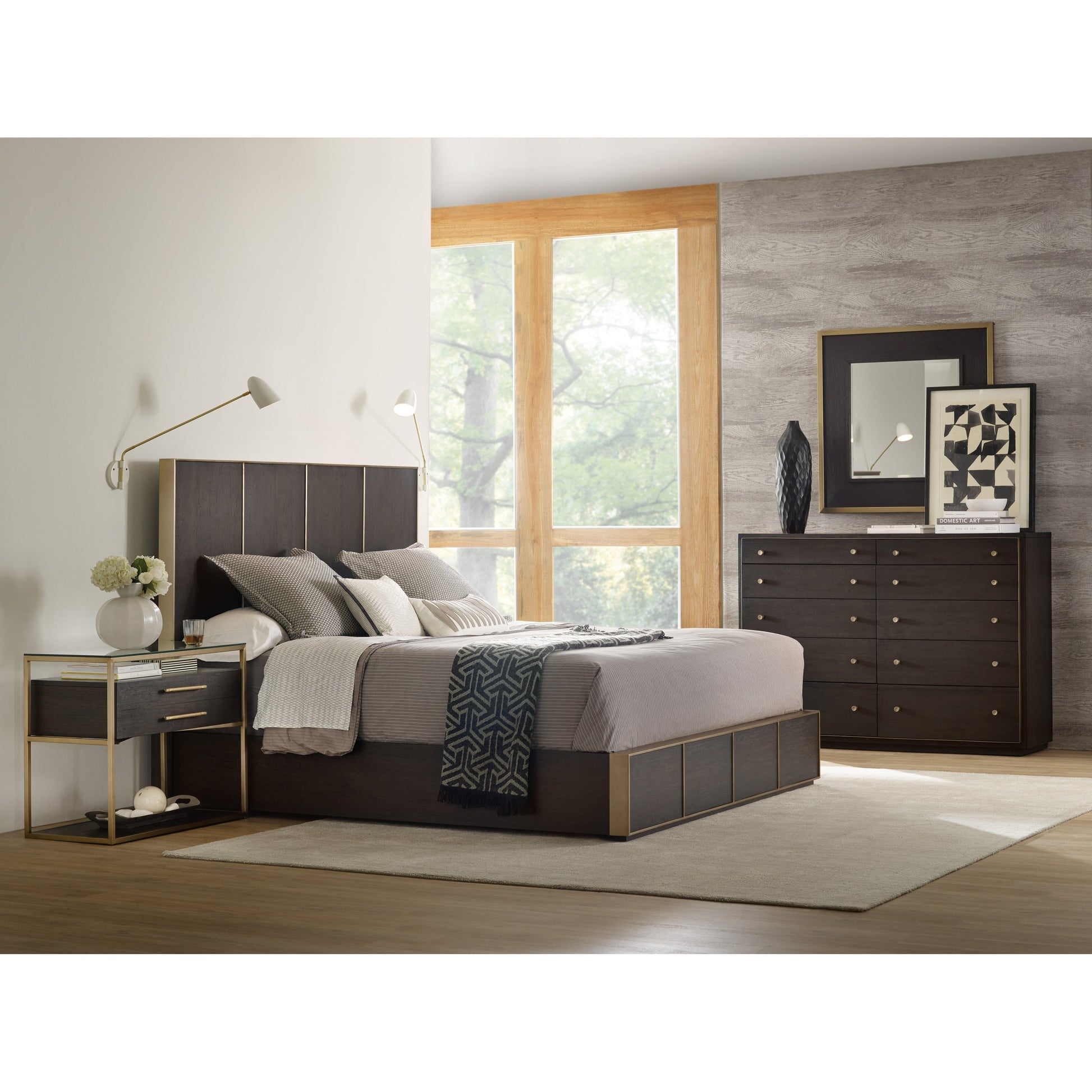 Curata Nightstand by Hooker Furniture in midnight brown. Made from white oak veneers, metal, glass in a modern style.