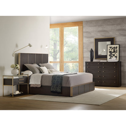 Curata Nightstand by Hooker Furniture in midnight brown. Made from white oak veneers, metal, glass in a modern style.