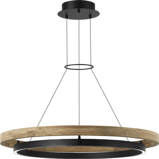 Grace 36" Outdoor Chandelier by Visual Comfort & Co. in textured black, teak wood. Made from aluminum in a modern style.