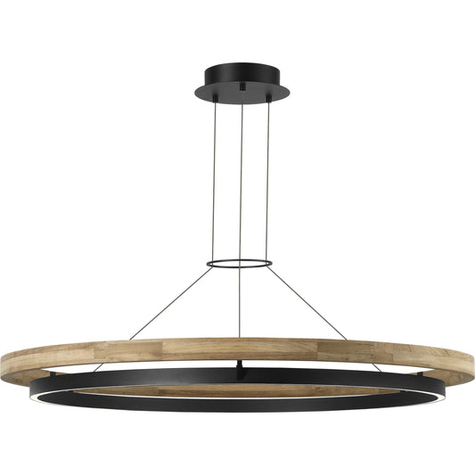 Grace 48" Outdoor Chandelier by Visual Comfort & Co. in textured black, teak wood. Made from aluminum in a modern style.