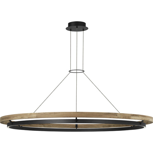 Grace 65" Outdoor Chandelier by Visual Comfort & Co. in textured black, teak wood. Made from aluminum in a modern style.