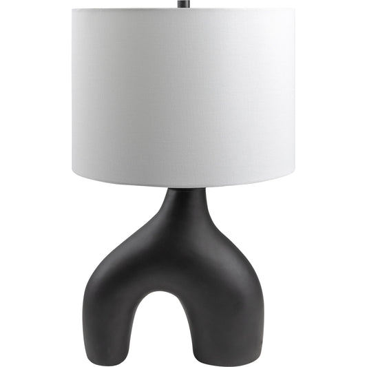 Solara Accent Lamp by Livabliss in body: black, shade: white, finial: black, harp: metallic - brass, cord: translucent and glazed. Made from body: ceramic, metal, shade (outside): cotton, finial: metal in a modern style.