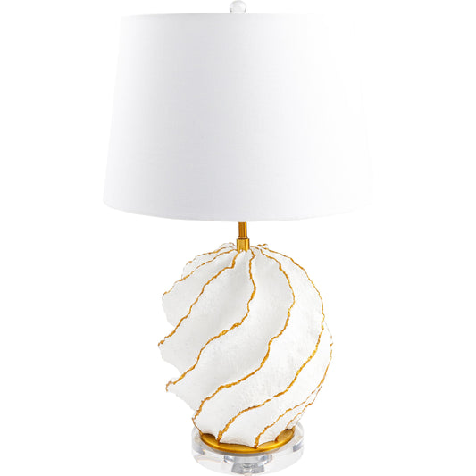 Saltwater Accent Lamp by Surya in body: white, base: clear, shade: white, finial: clear, harp: metallic - gold, cord: translucent and translucent, painted. Made from body: resin, base: acrylic, shade (outside): linen, sha