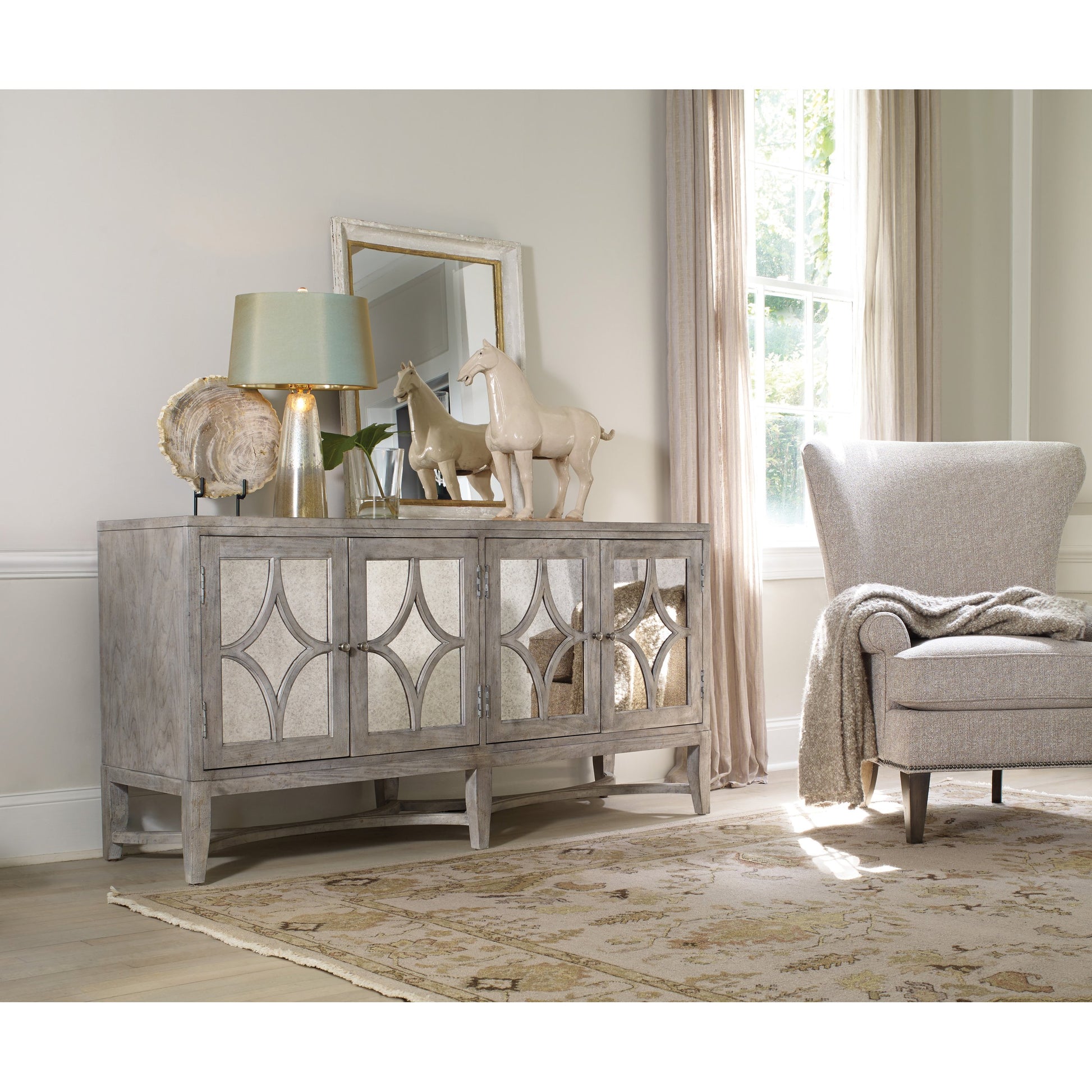 Diamante Console by Hooker Furniture in light wood. Made from cherry veneers with antique mirror in a modern style.