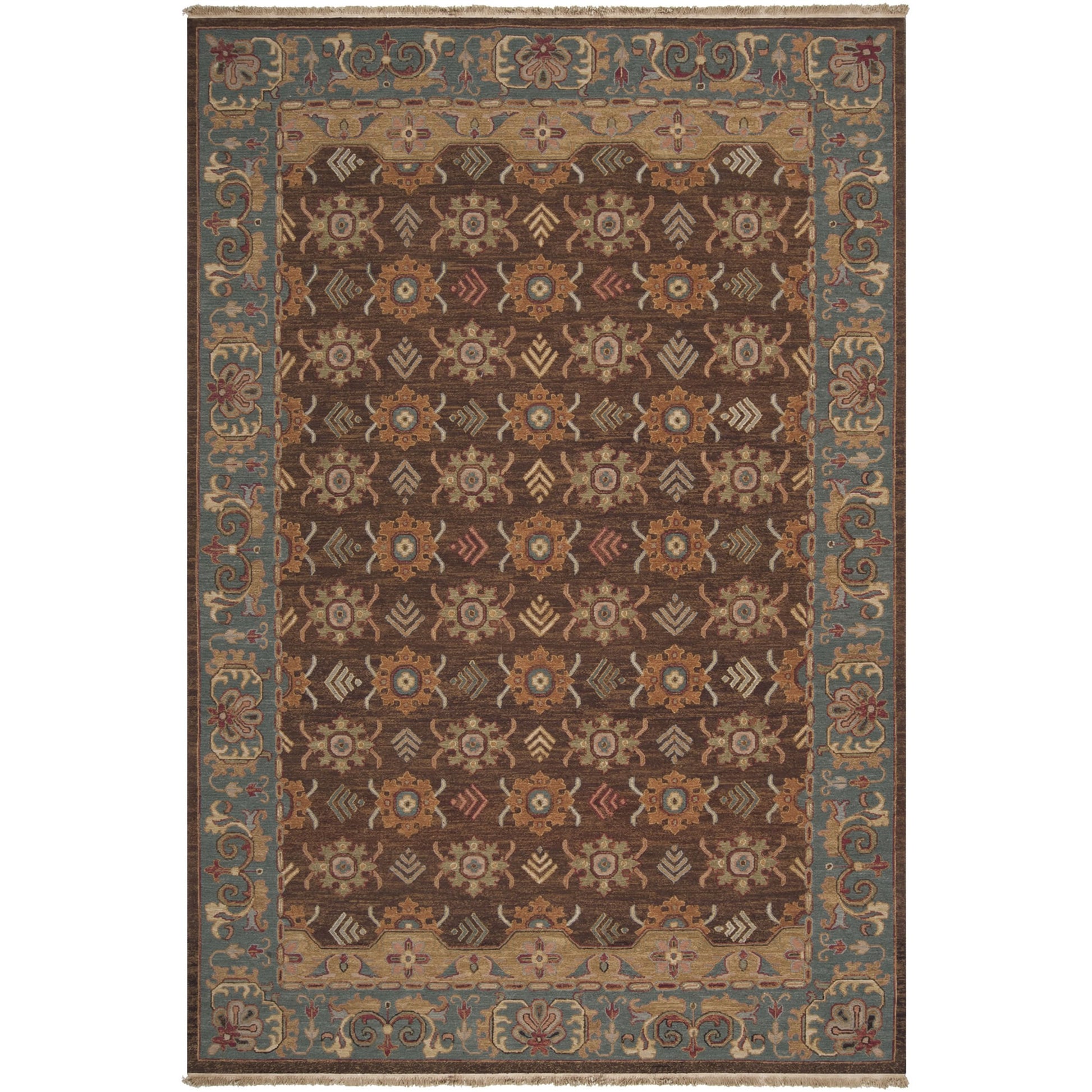 Soumek Rug - 1594 by Surya in dark brown, blue, brown, sage, dusty pink. Made from 100% semi-worsted new zealand wool in a unique style.