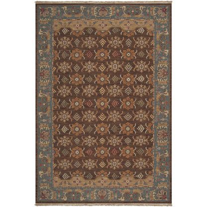 Soumek Rug - 1594 by Surya in dark brown, blue, brown, sage, dusty pink. Made from 100% semi-worsted new zealand wool in a unique style.