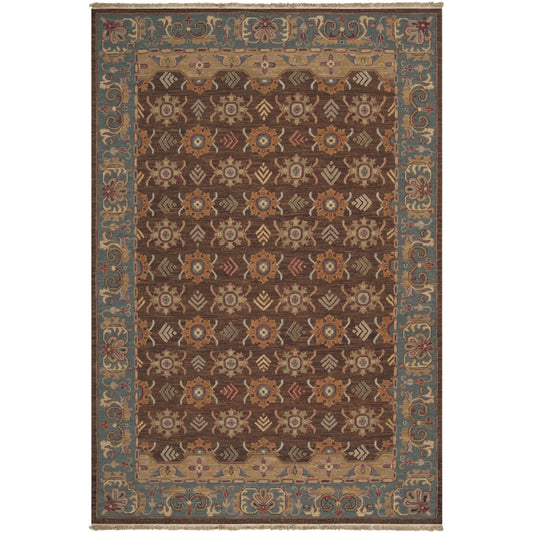 Soumek Rug - 1594 by Surya in dark brown, blue, brown, sage, dusty pink. Made from 100% semi-worsted new zealand wool in a unique style.