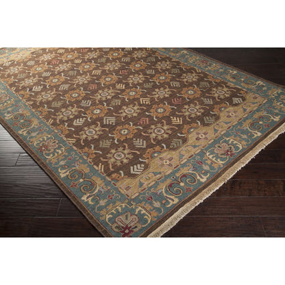 Soumek Rug - 1594 by Surya in dark brown, blue, brown, sage, dusty pink. Made from 100% semi-worsted new zealand wool in a unique style.