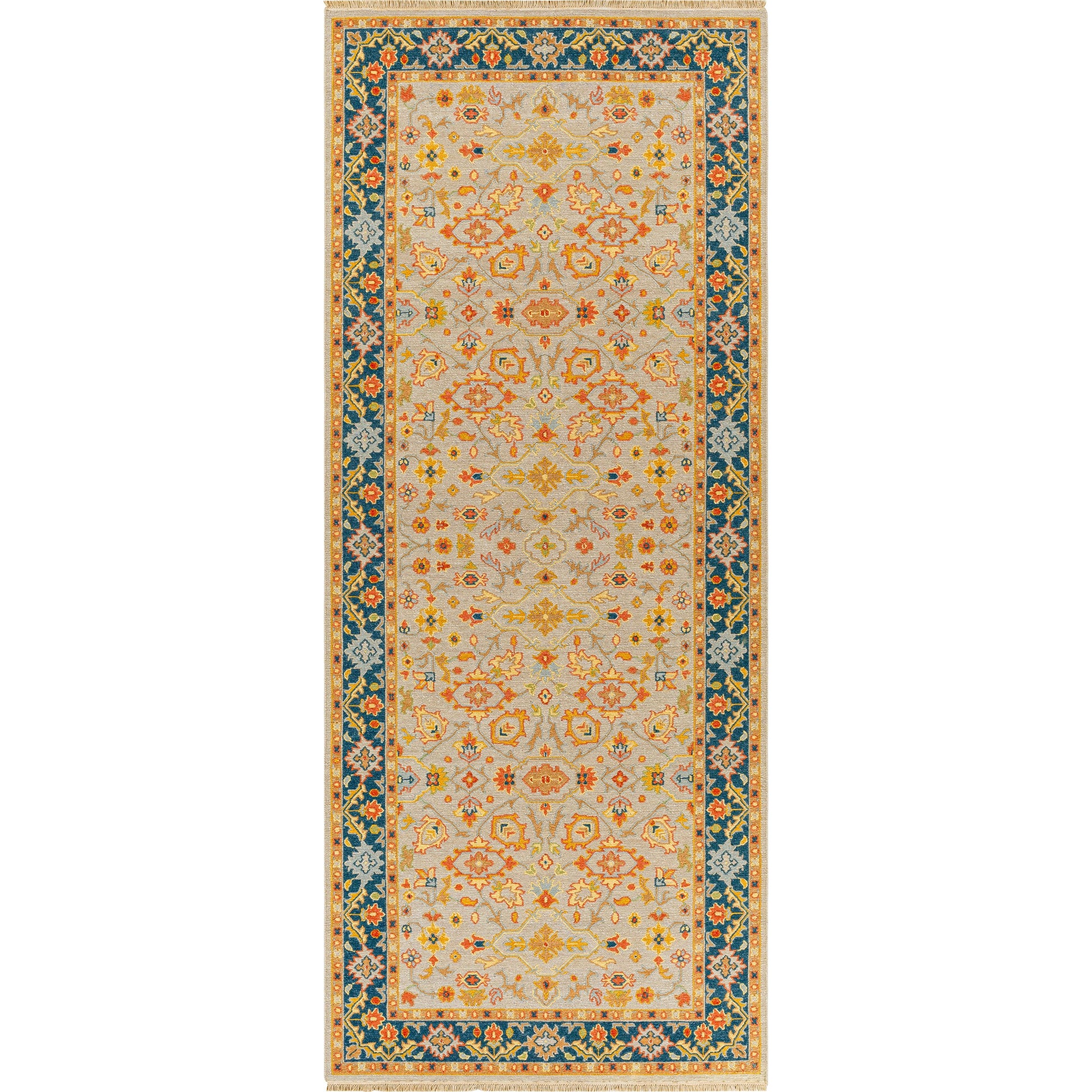 Soumek Rug - 29995 by Surya in teal, burnt orange, mustard, ice blue, tan, beige. Made from 70% wool, 30% viscose in a unique style.