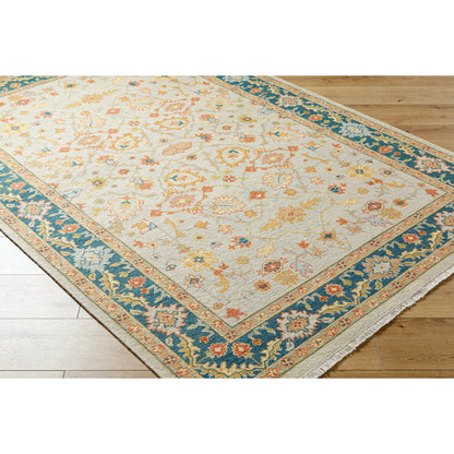 Soumek Rug - 29995 by Surya in teal, burnt orange, mustard, ice blue, tan, beige. Made from 70% wool, 30% viscose in a unique style.