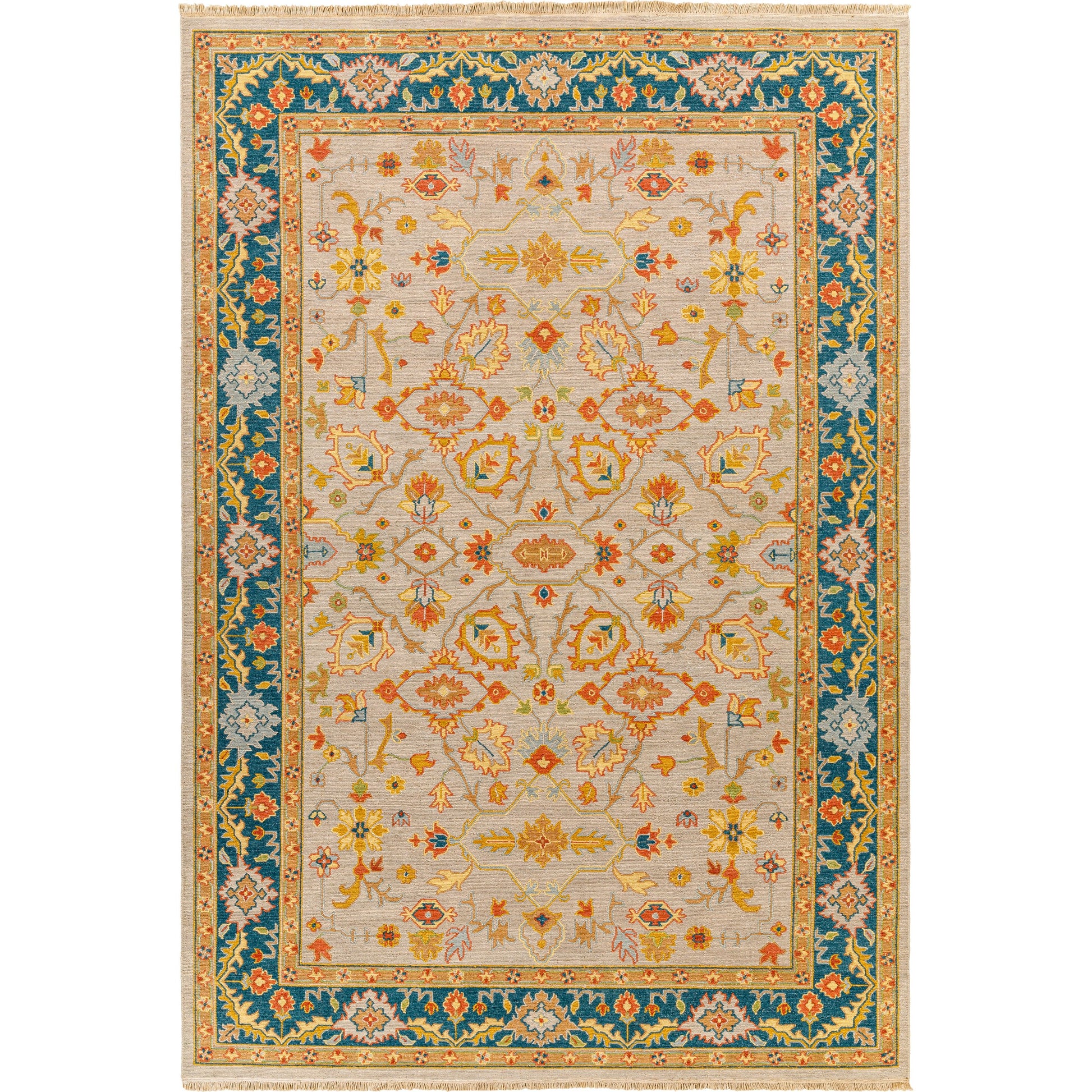Soumek Rug - 29995 by Surya in teal, burnt orange, mustard, ice blue, tan, beige. Made from 70% wool, 30% viscose in a unique style.