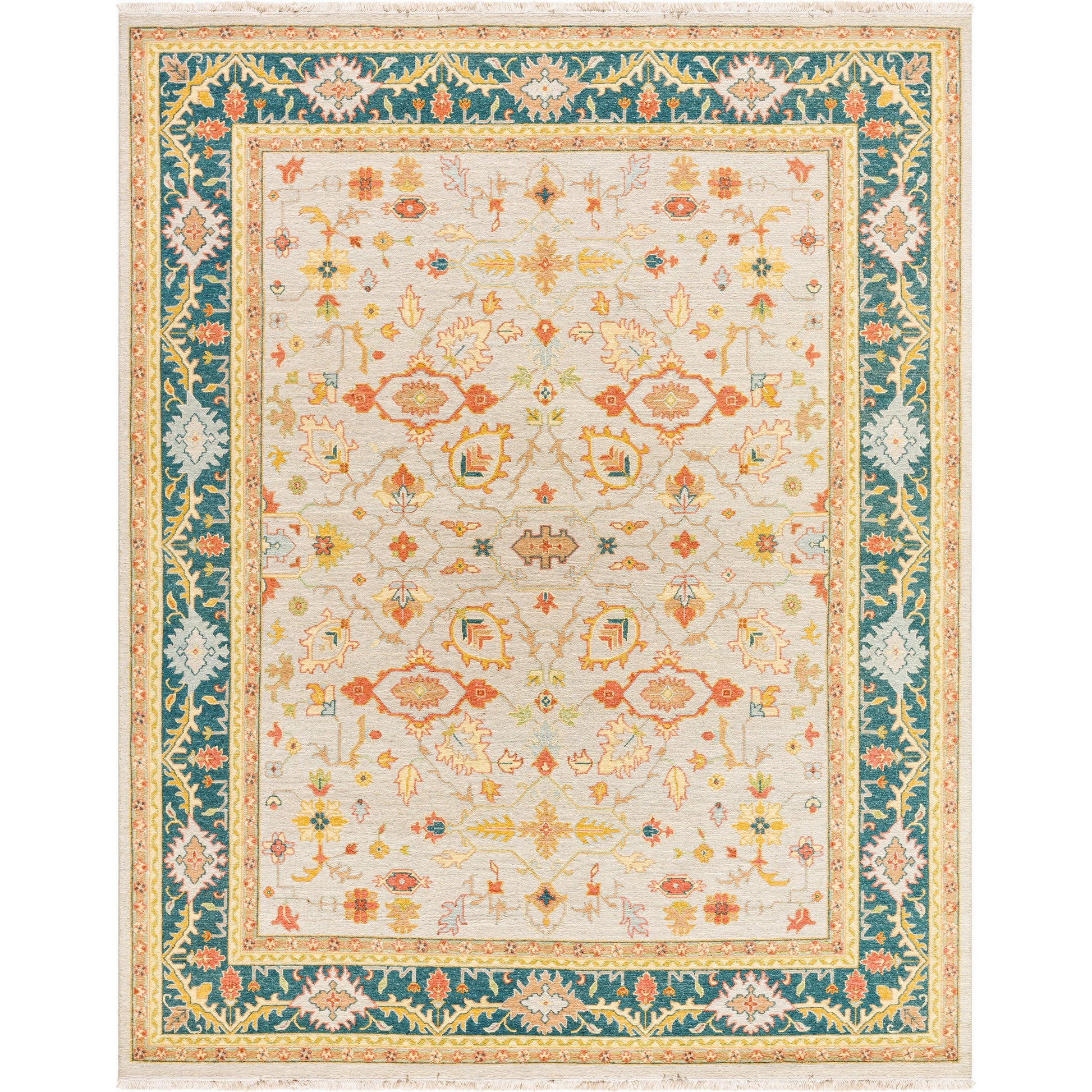 Soumek Rug - 29995 by Surya in teal, burnt orange, mustard, ice blue, tan, beige. Made from 70% wool, 30% viscose in a unique style.