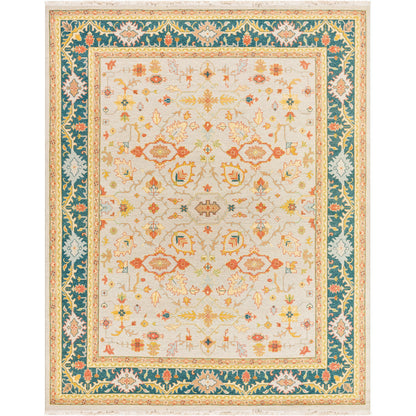 Soumek Rug - 29995 by Surya in teal, burnt orange, mustard, ice blue, tan, beige. Made from 70% wool, 30% viscose in a unique style.