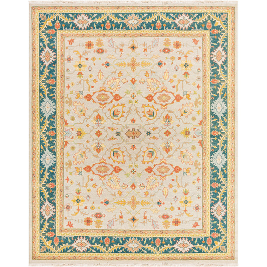 Soumek Rug - 29995 by Surya in teal, burnt orange, mustard, ice blue, tan, beige. Made from 70% wool, 30% viscose in a unique style.