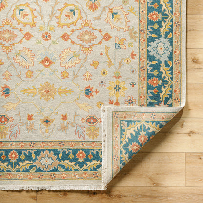 Soumek Rug - 29995 by Surya in teal, burnt orange, mustard, ice blue, tan, beige. Made from 70% wool, 30% viscose in a unique style.