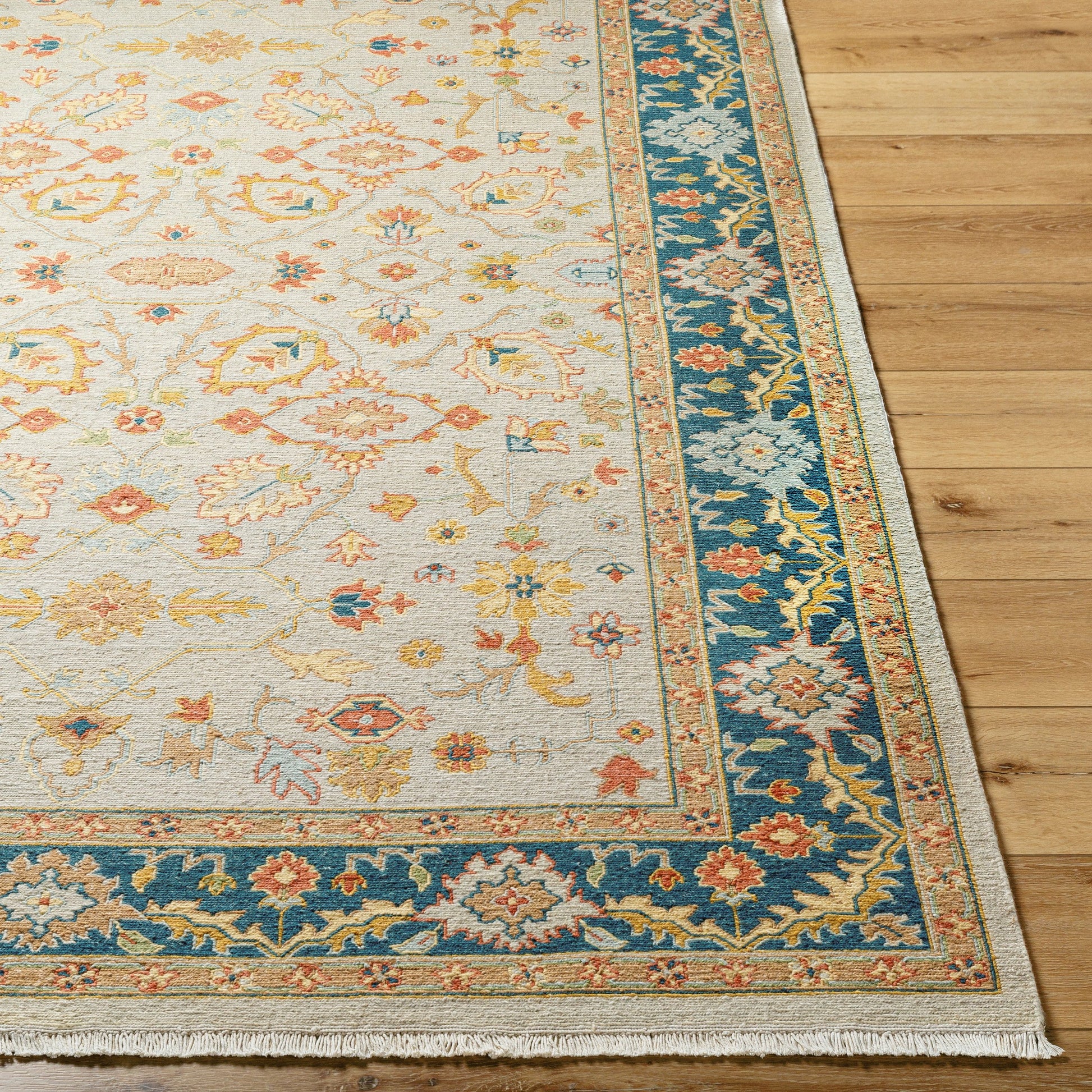 Soumek Rug - 29995 by Surya in teal, burnt orange, mustard, ice blue, tan, beige. Made from 70% wool, 30% viscose in a unique style.