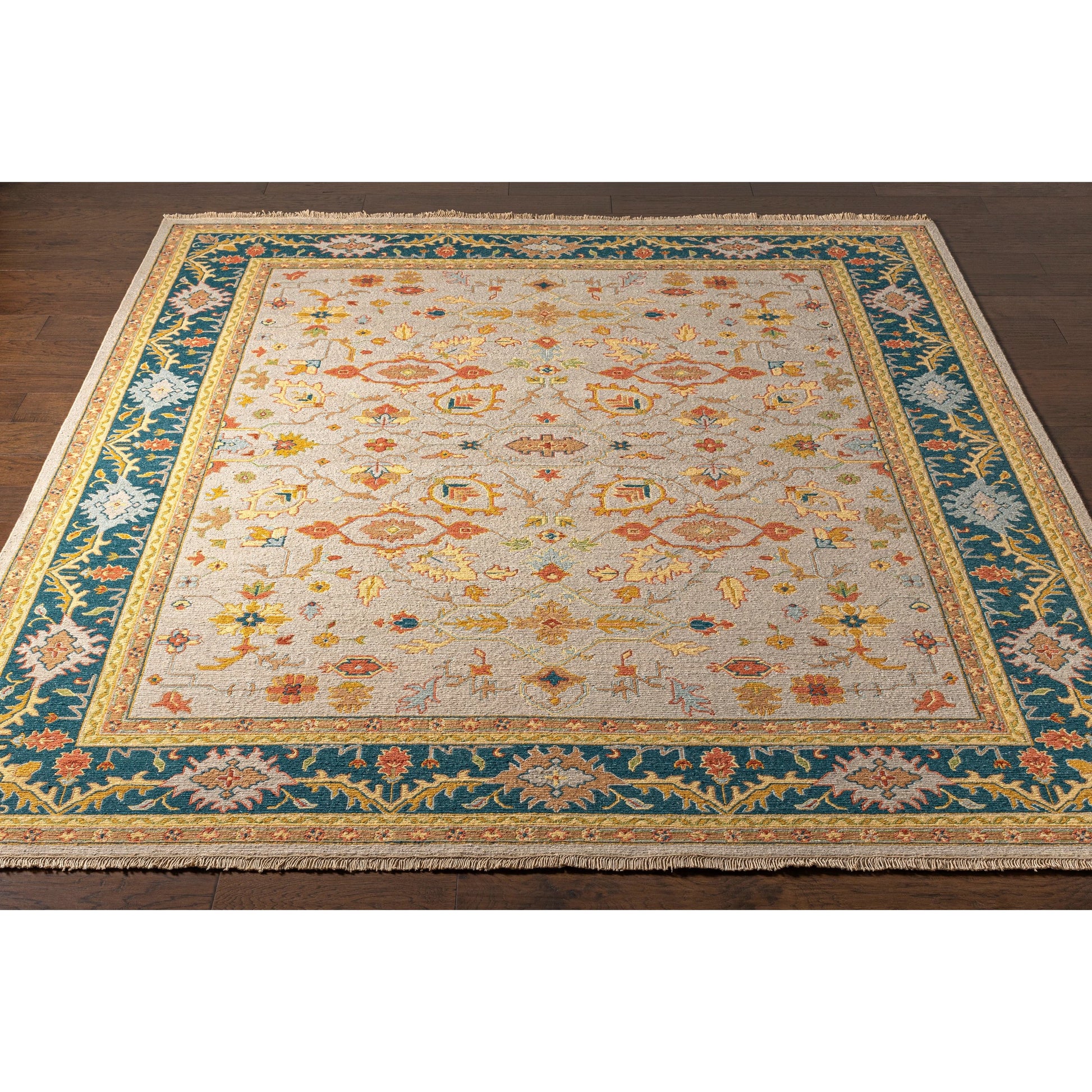Soumek Rug - 29995 by Surya in teal, burnt orange, mustard, ice blue, tan, beige. Made from 70% wool, 30% viscose in a unique style.