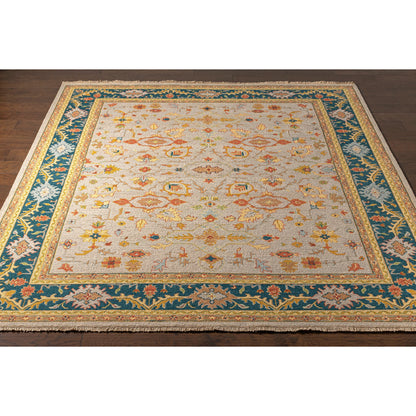 Soumek Rug - 29995 by Surya in teal, burnt orange, mustard, ice blue, tan, beige. Made from 70% wool, 30% viscose in a unique style.