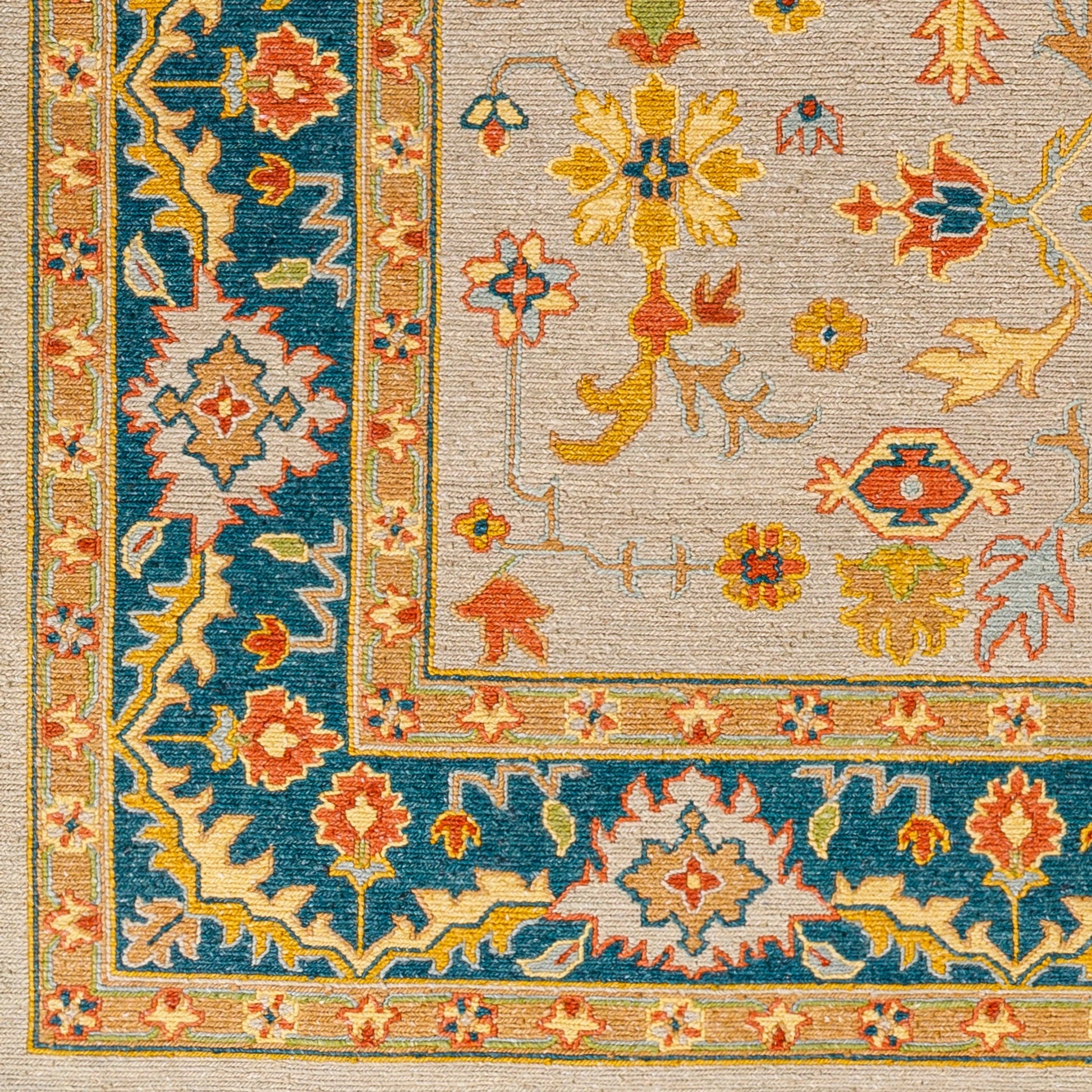 Soumek Rug - 29995 by Surya in teal, burnt orange, mustard, ice blue, tan, beige. Made from 70% wool, 30% viscose in a unique style.