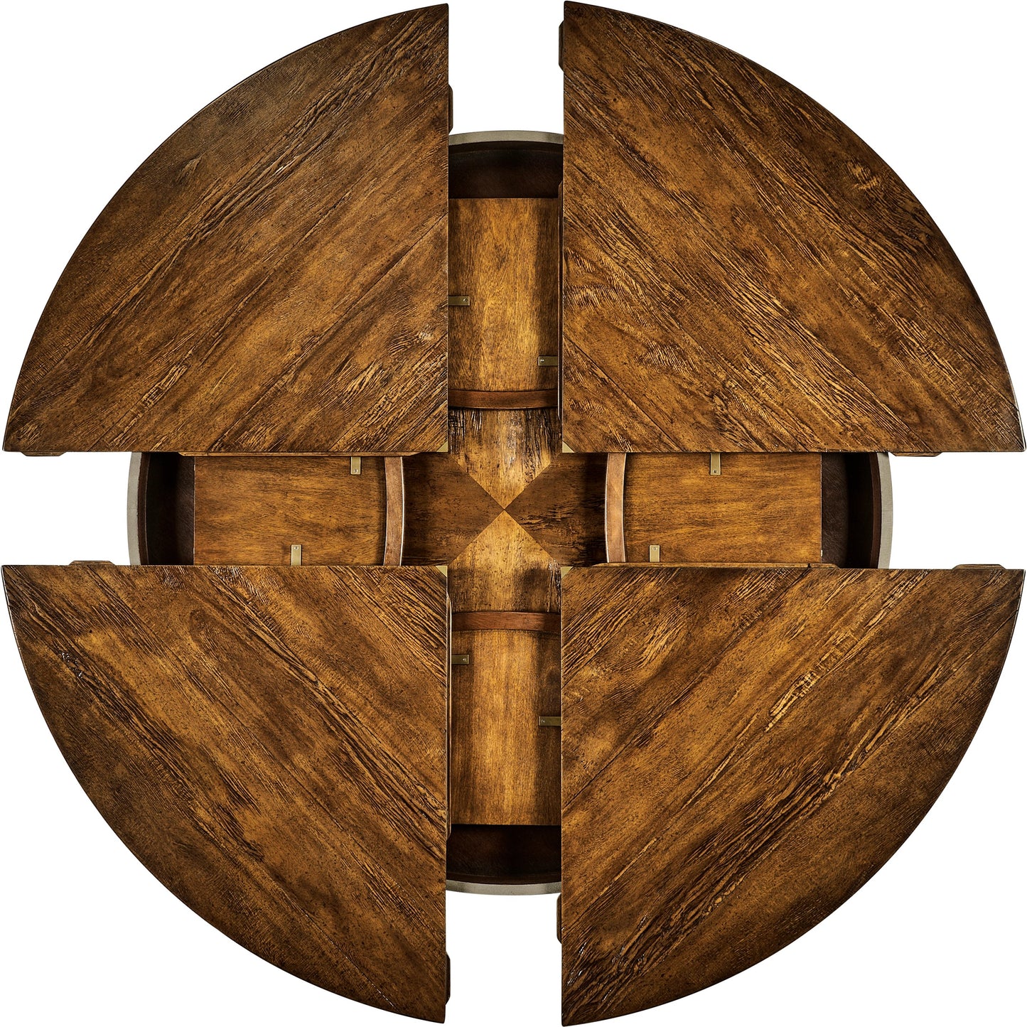 013 SR-846201 | Closeup | Casual Accents Country Walnut Round Extendable Dining Table 59" by Jonathan Charles in brown and country farmhouse walnut. Made from acacia in a traditional style.