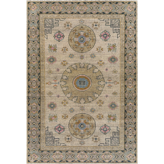 Smyrna SMY-2301 Rug by Surya in medium green, mustard, mauve, light blue, medium gray, beige. Made from 100% wool in a unique style.