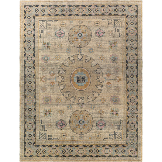 Smyrna SMY-2301 Rug by Surya in medium green, mustard, mauve, light blue, medium gray, beige. Made from 100% wool in a unique style.