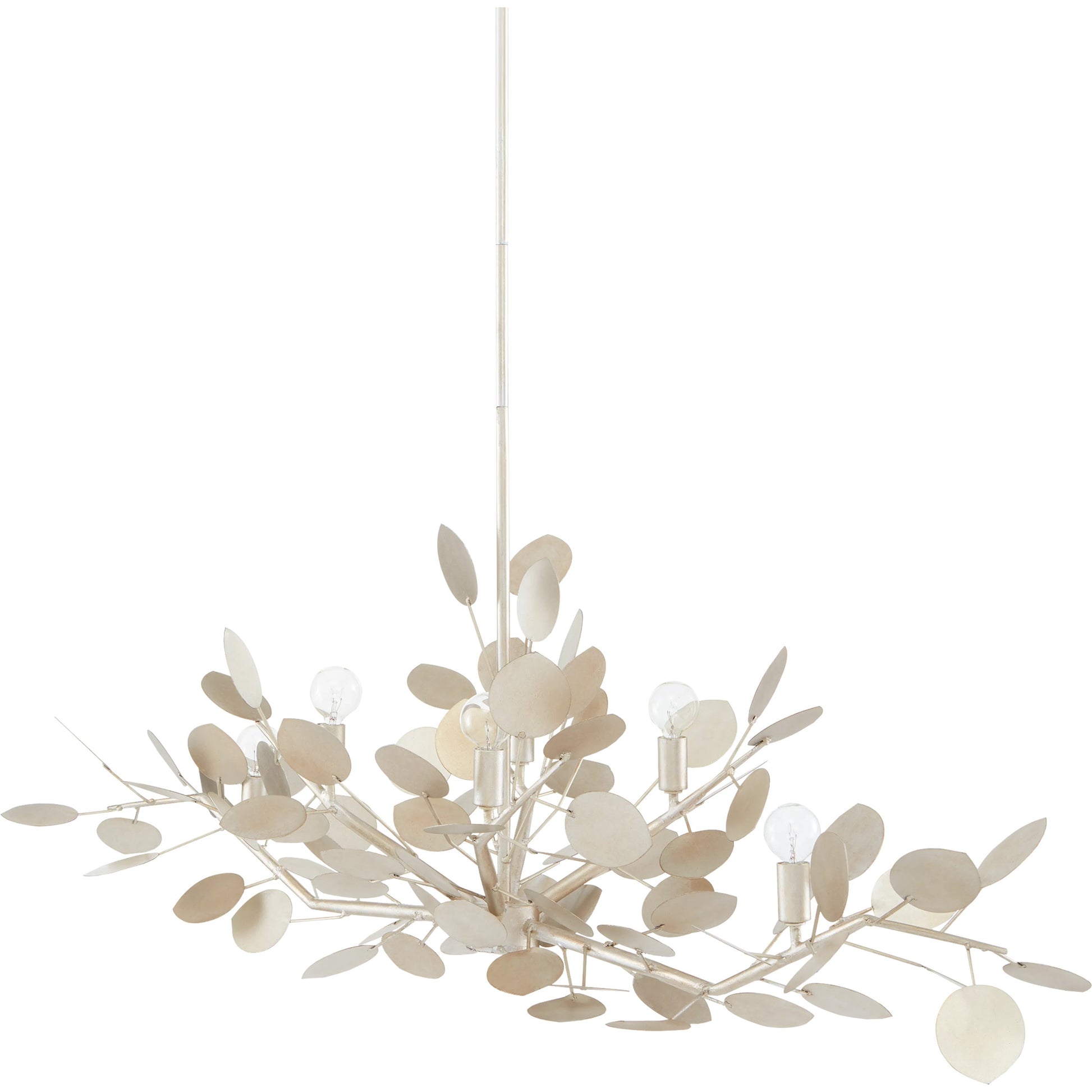 Lunaria Oval Chandelier by Currey and Company in contemporary silver leaf. Made from wrought iron in a transitional style.