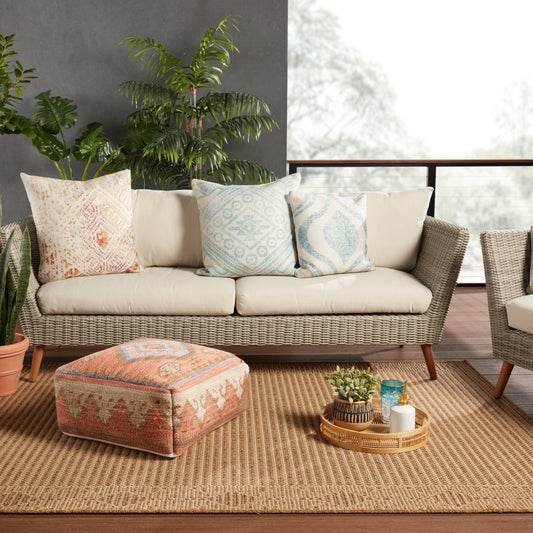 Sundial SND01 Indoor/Outdoor Pouf by Jaipur Living in orange, blue. Made from 100% polyester in a eclectic & global style.