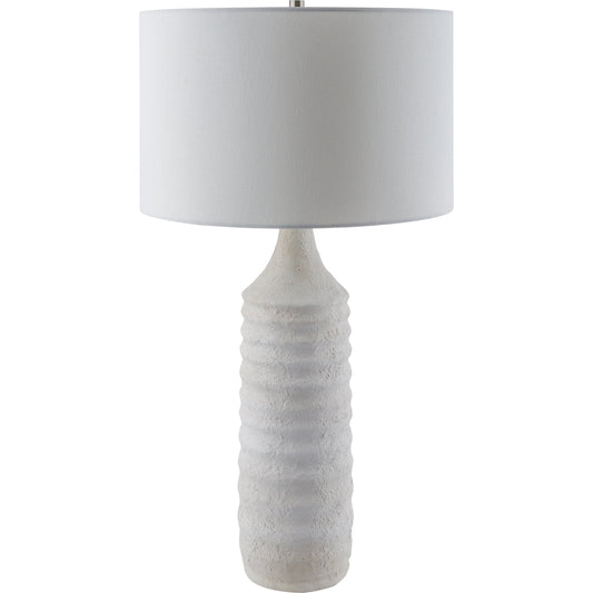 Snowfall Table Lamp by Surya in white, translucent, metallic nickel and hand finished. Made from body: cement, metal, shade (outside): cotton, finial: metal in a modern style.